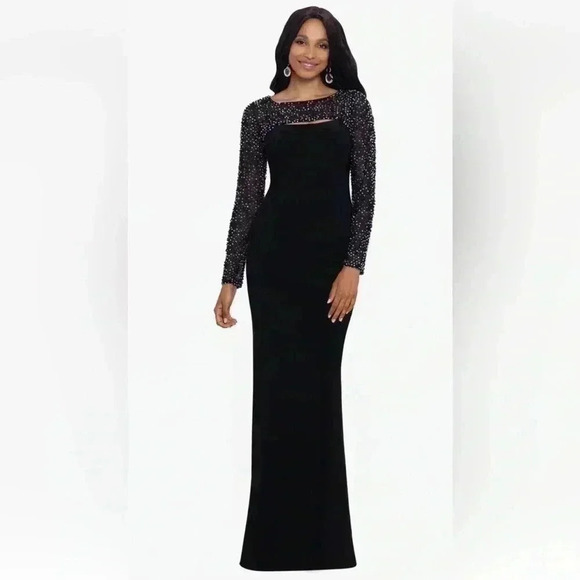 NWT Betsy & Adam Long Jersey Knit Faux Shrug Beaded Dress Size 6 - Picture 1 of 8
